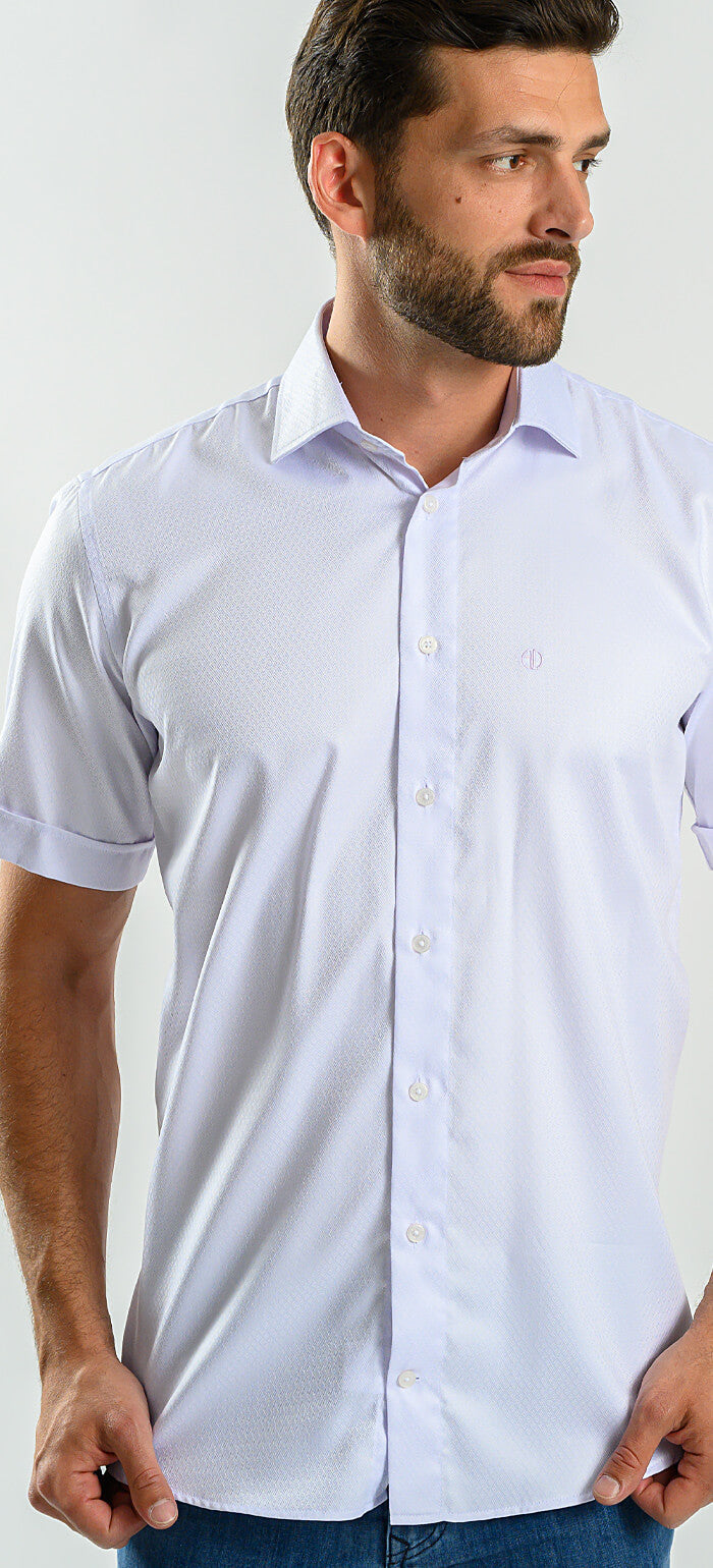 White Slim Fit Shirt with Purple Highlights and Short Sleeves