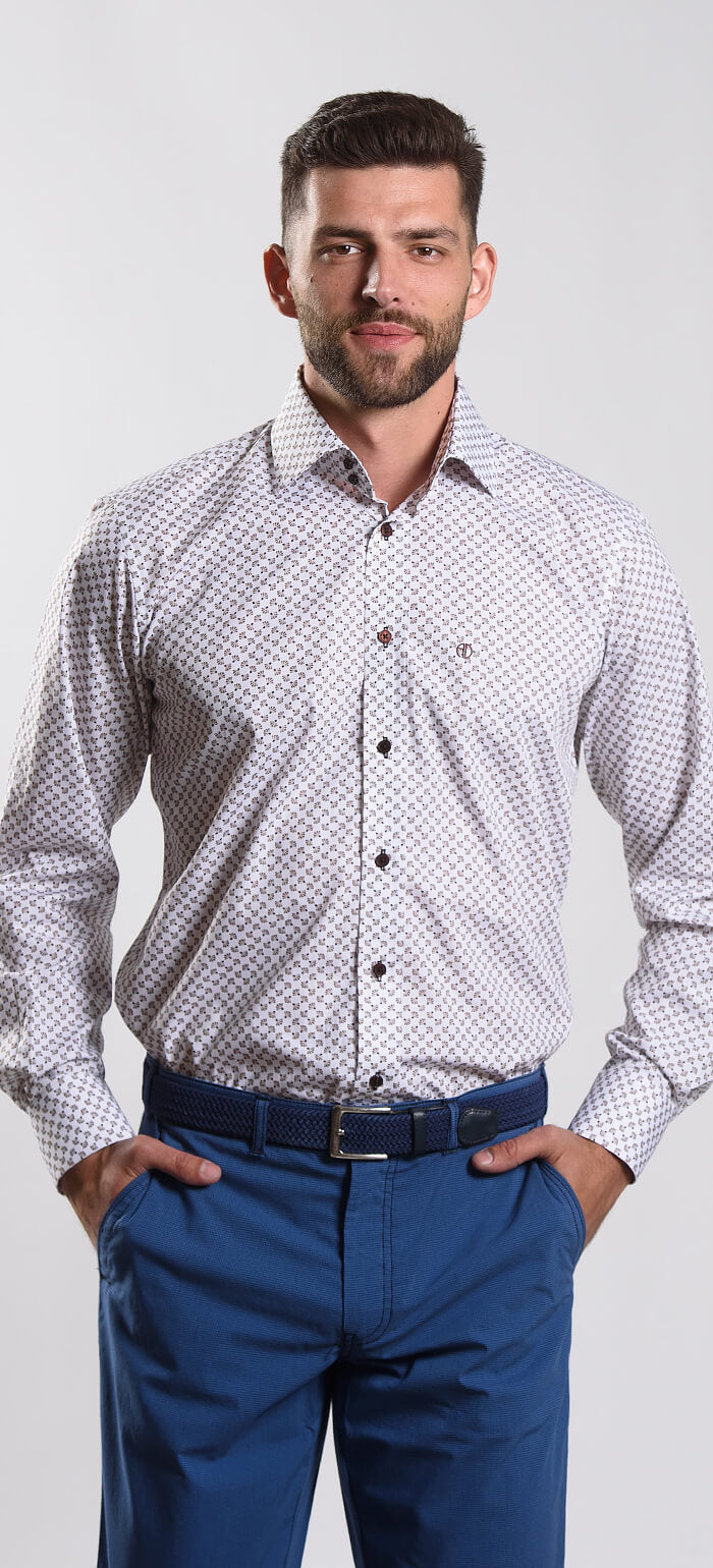 White Slim Fit Shirt with Brown Pattern