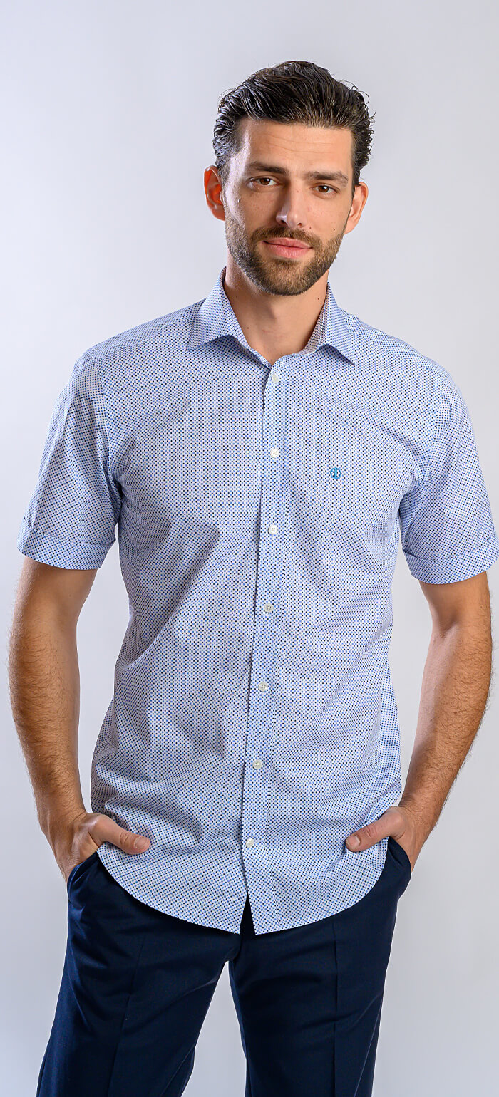 White Slim Fit Short Sleeve Shirt with Blue Pattern