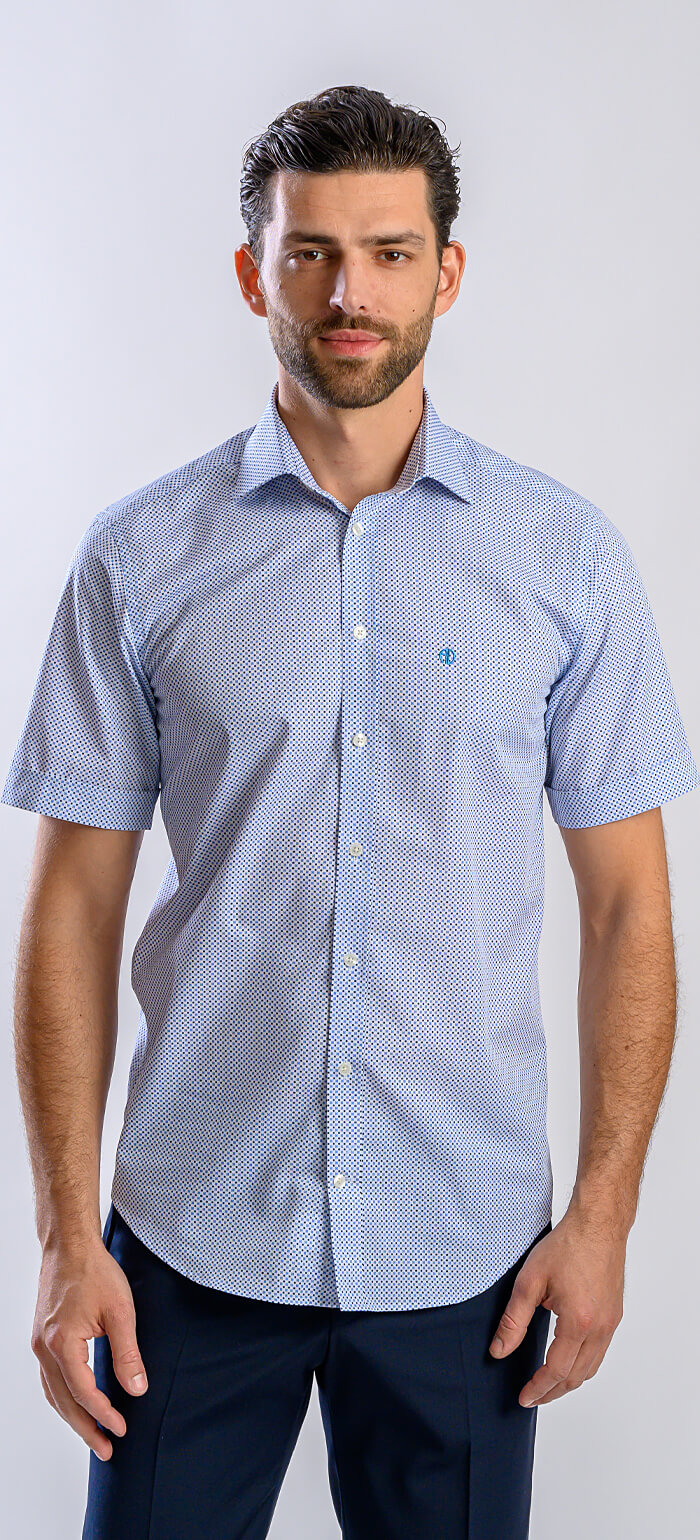 White Slim Fit Short Sleeve Shirt with Blue Pattern