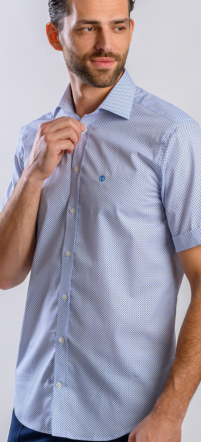 White Slim Fit Short Sleeve Shirt with Blue Pattern