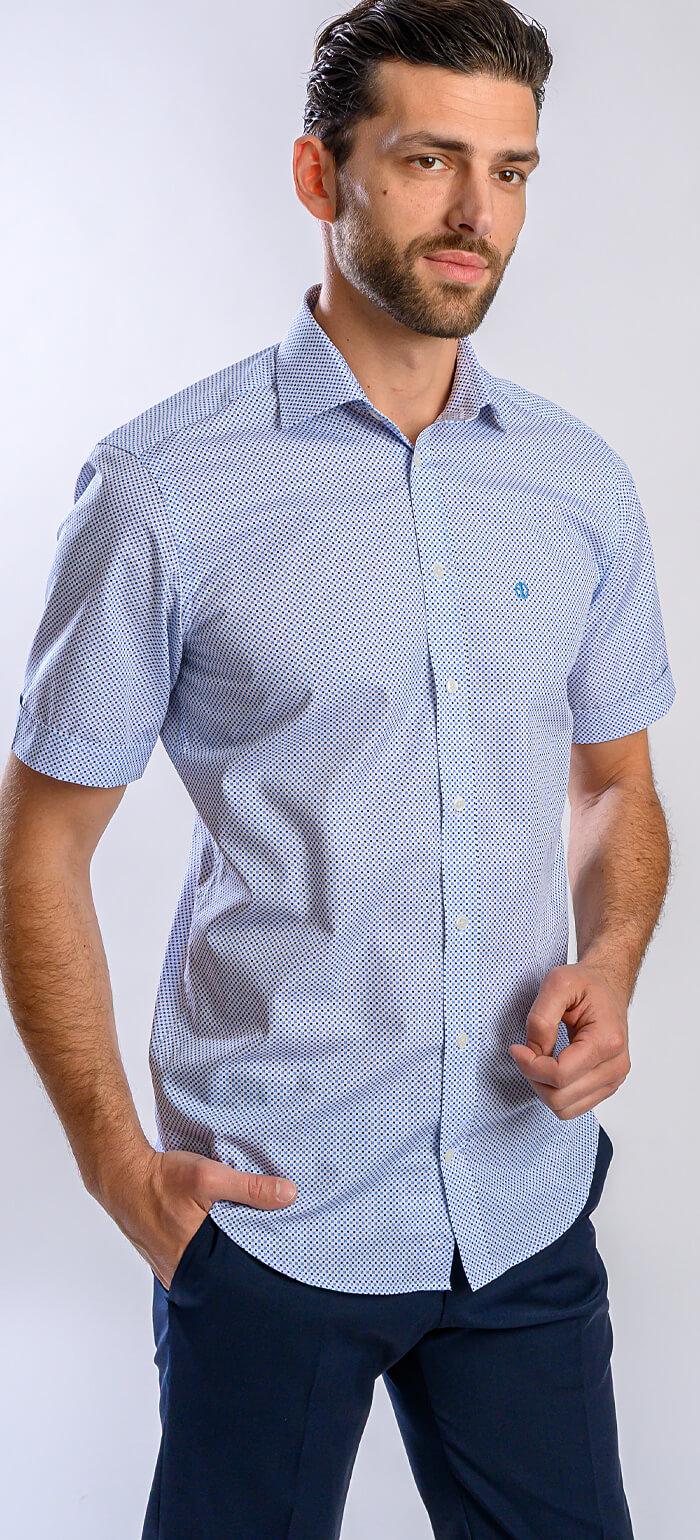 White Slim Fit Short Sleeve Shirt with Blue Pattern
