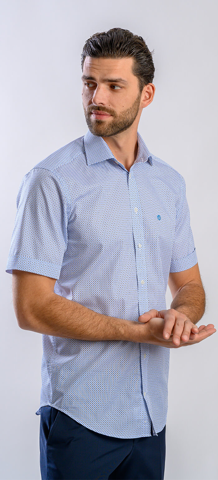 White Slim Fit Short Sleeve Shirt with Blue Pattern