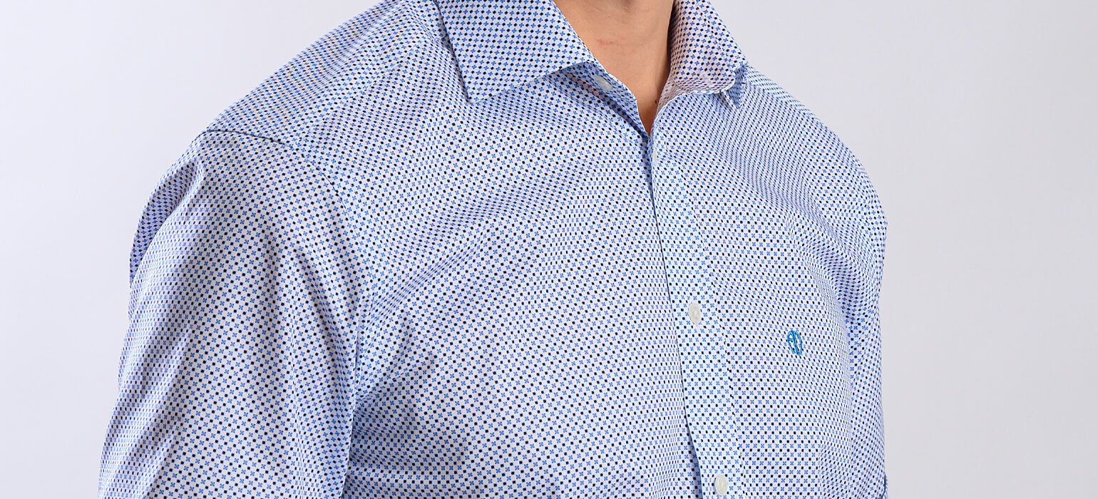 White Slim Fit Short Sleeve Shirt with Blue Pattern