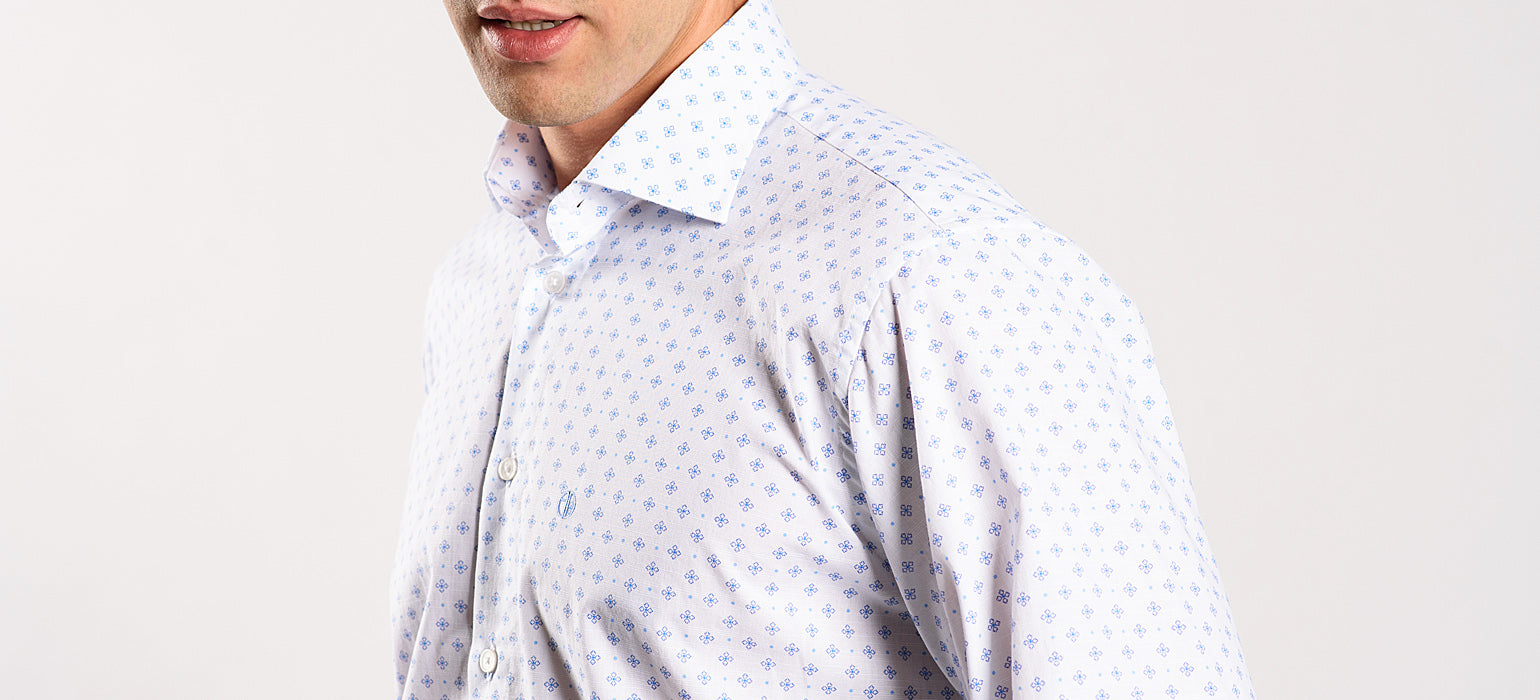 White Slim Fit Shirt with Blue Pattern