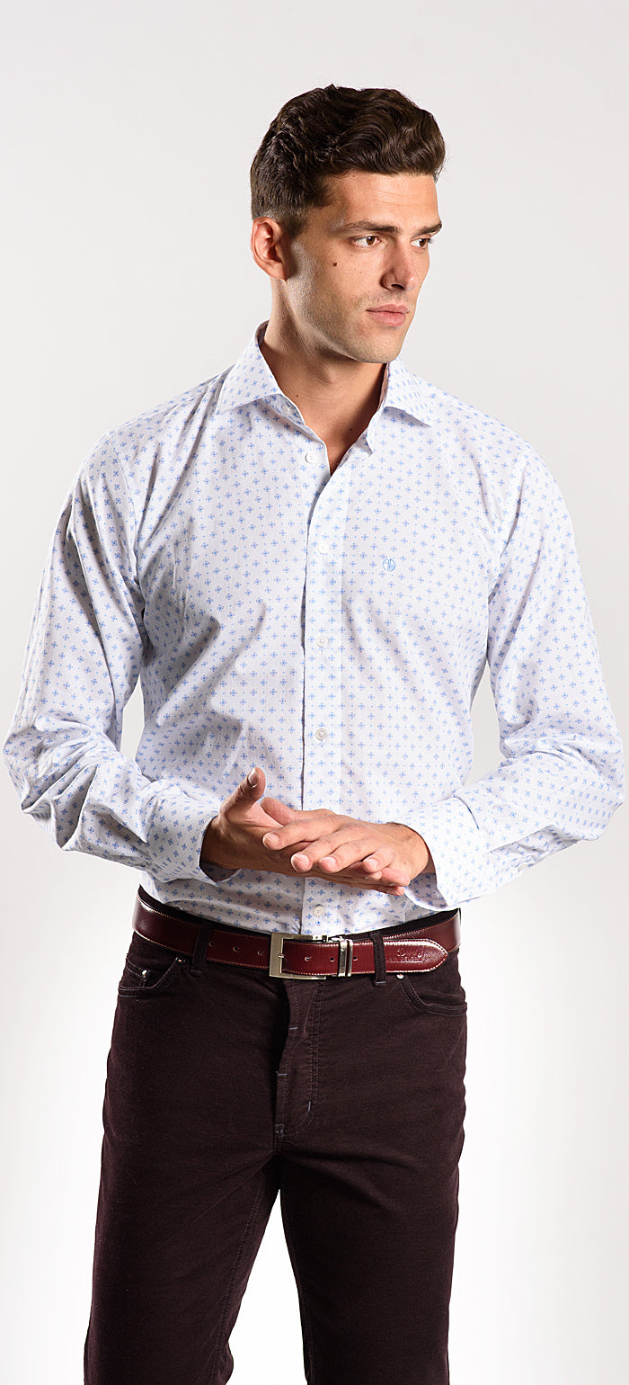 White Slim Fit Shirt with Blue Pattern