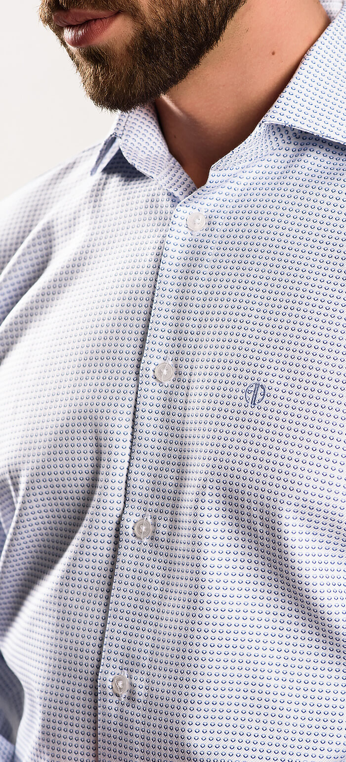 White Slim Fit Shirt with Blue Pattern