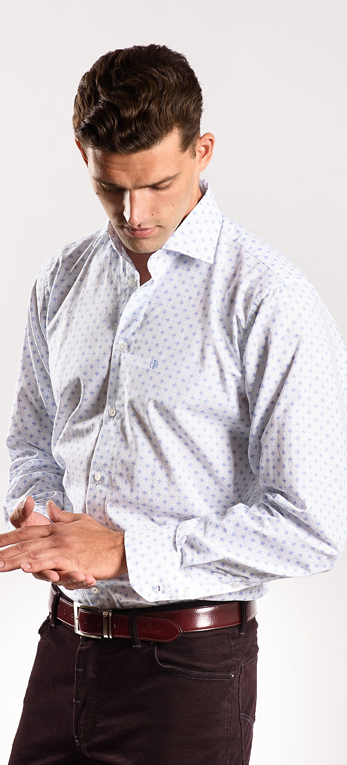 White Slim Fit Shirt with Blue Pattern