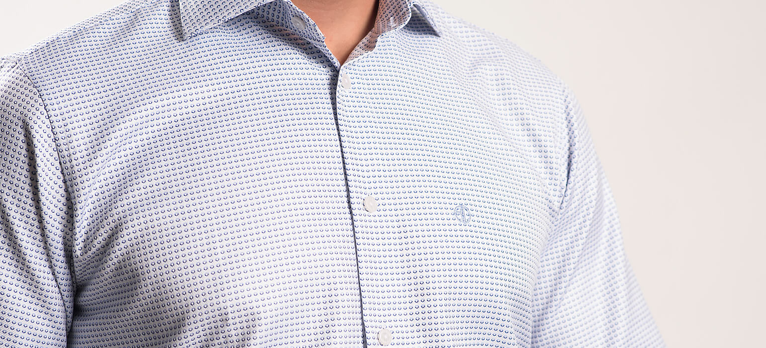 White Slim Fit Shirt with Blue Pattern