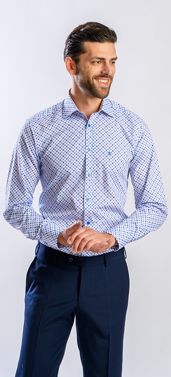 White Slim Fit Shirt with Blue Pattern