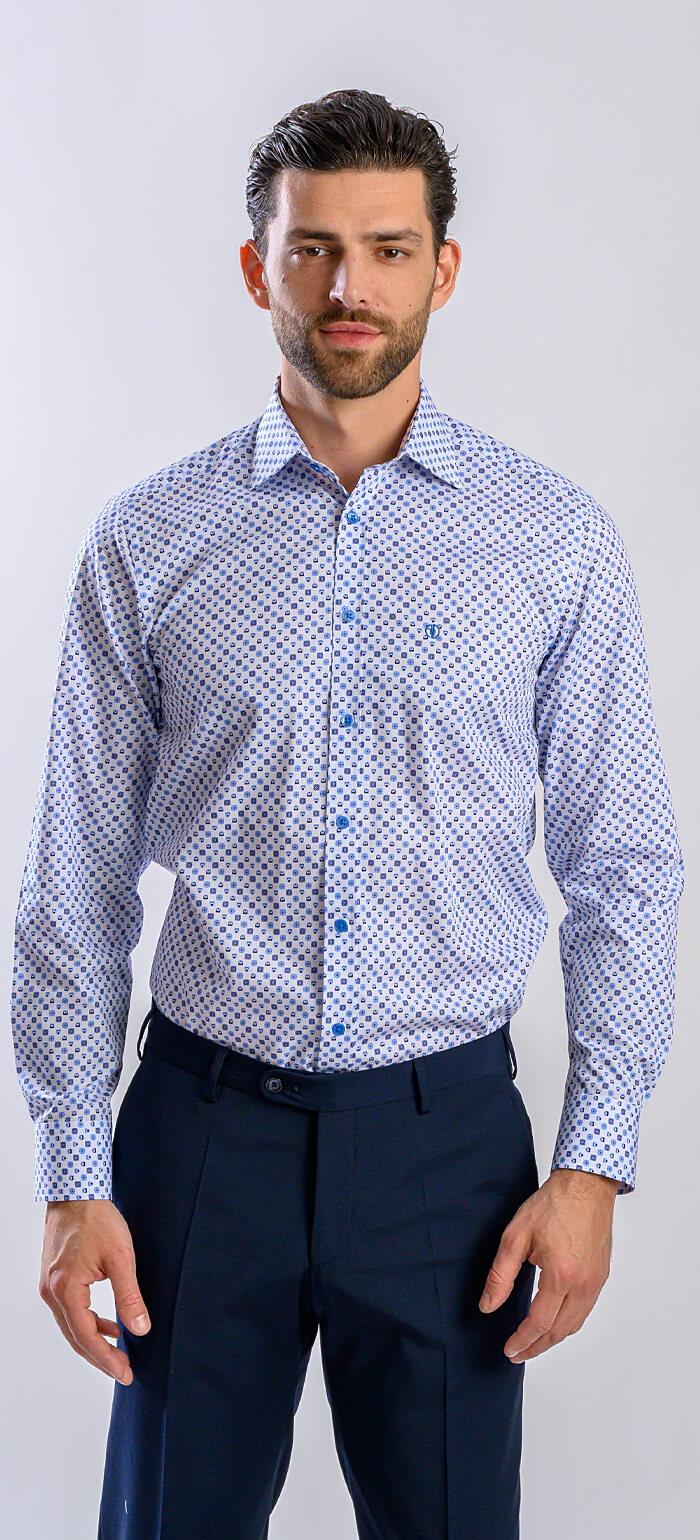 White Slim Fit Shirt with Blue Pattern