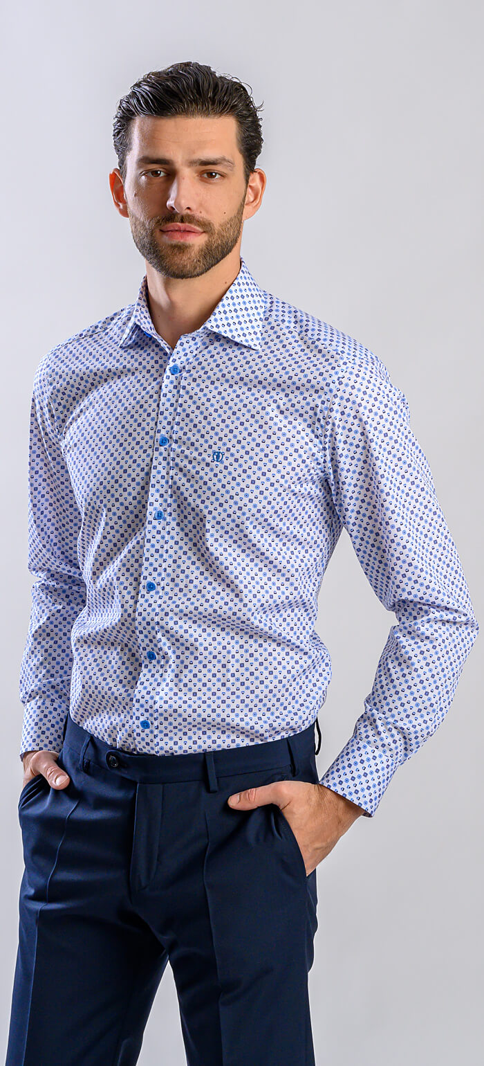 White Slim Fit Shirt with Blue Pattern