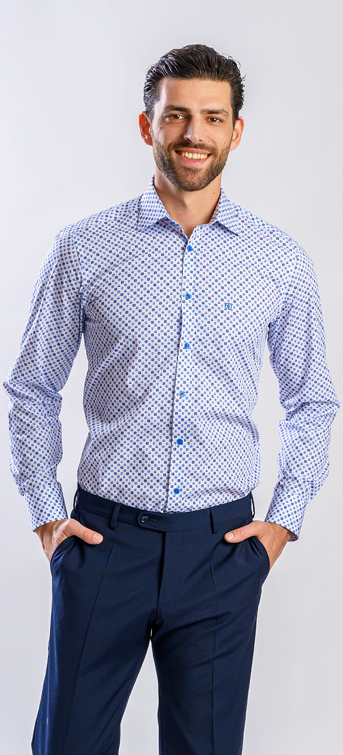 White Slim Fit Shirt with Blue Pattern