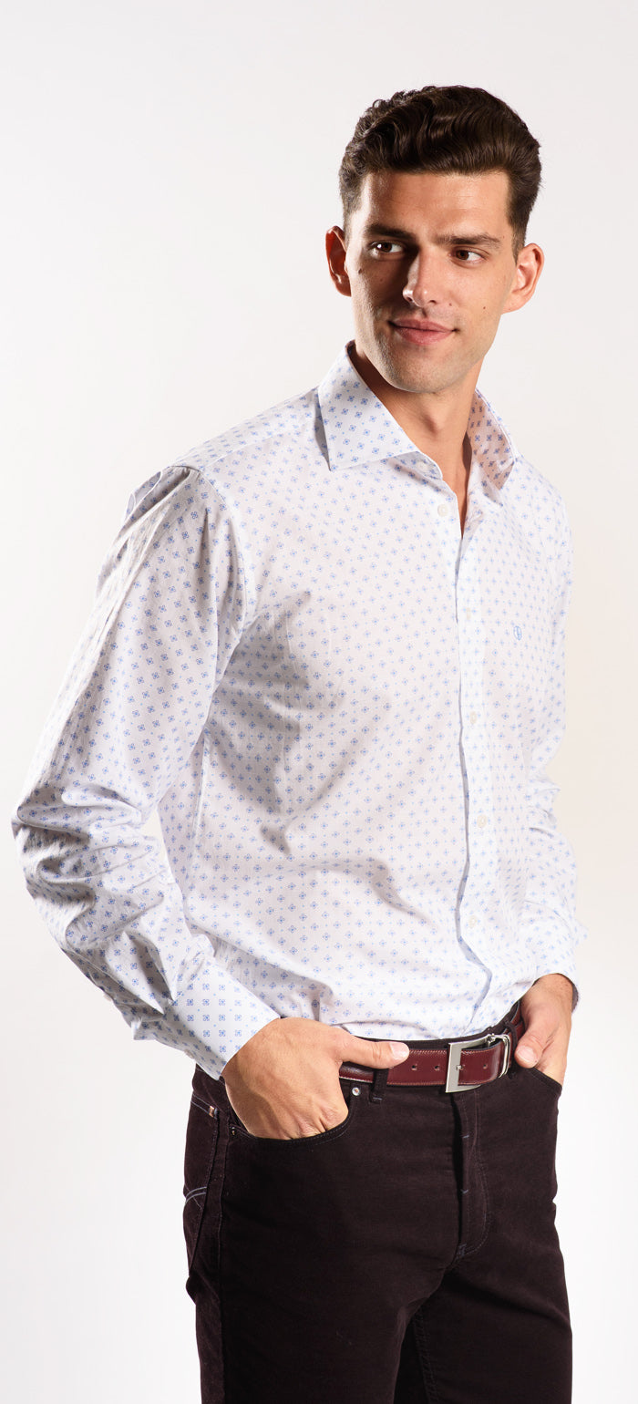 White Slim Fit Shirt with Blue Pattern