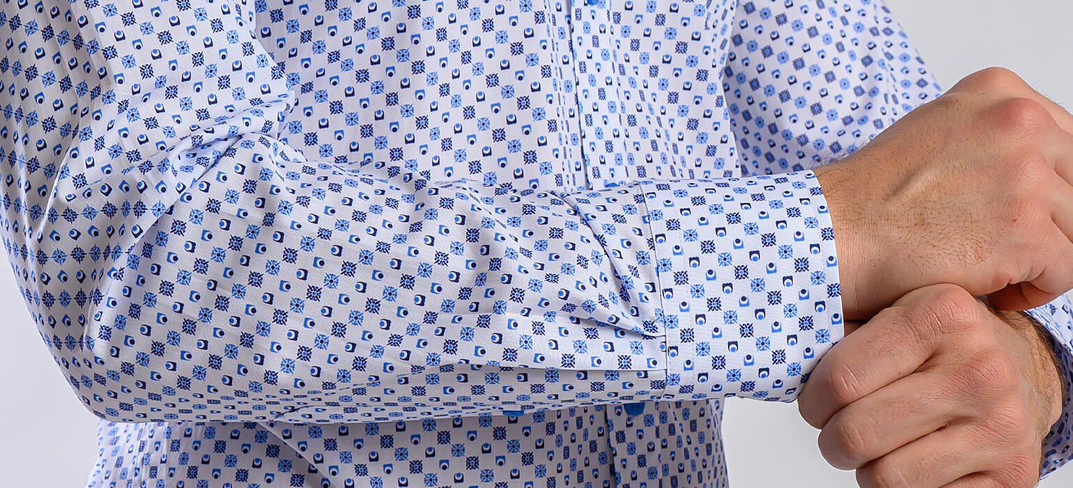 White Slim Fit Shirt with Blue Pattern