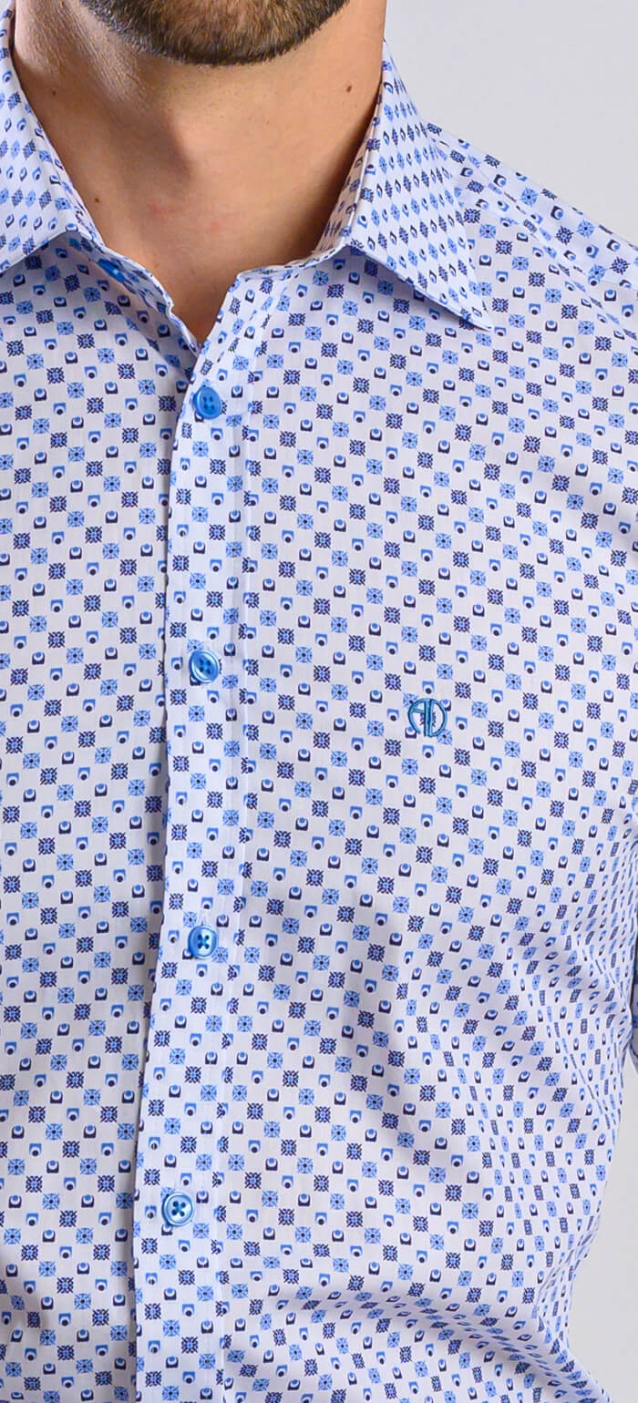 White Slim Fit Shirt with Blue Pattern