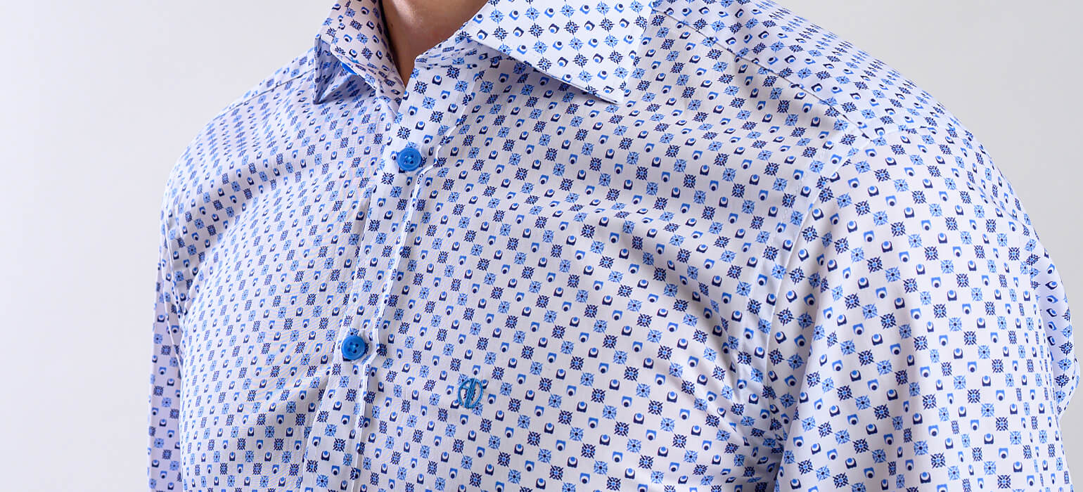 White Slim Fit Shirt with Blue Pattern