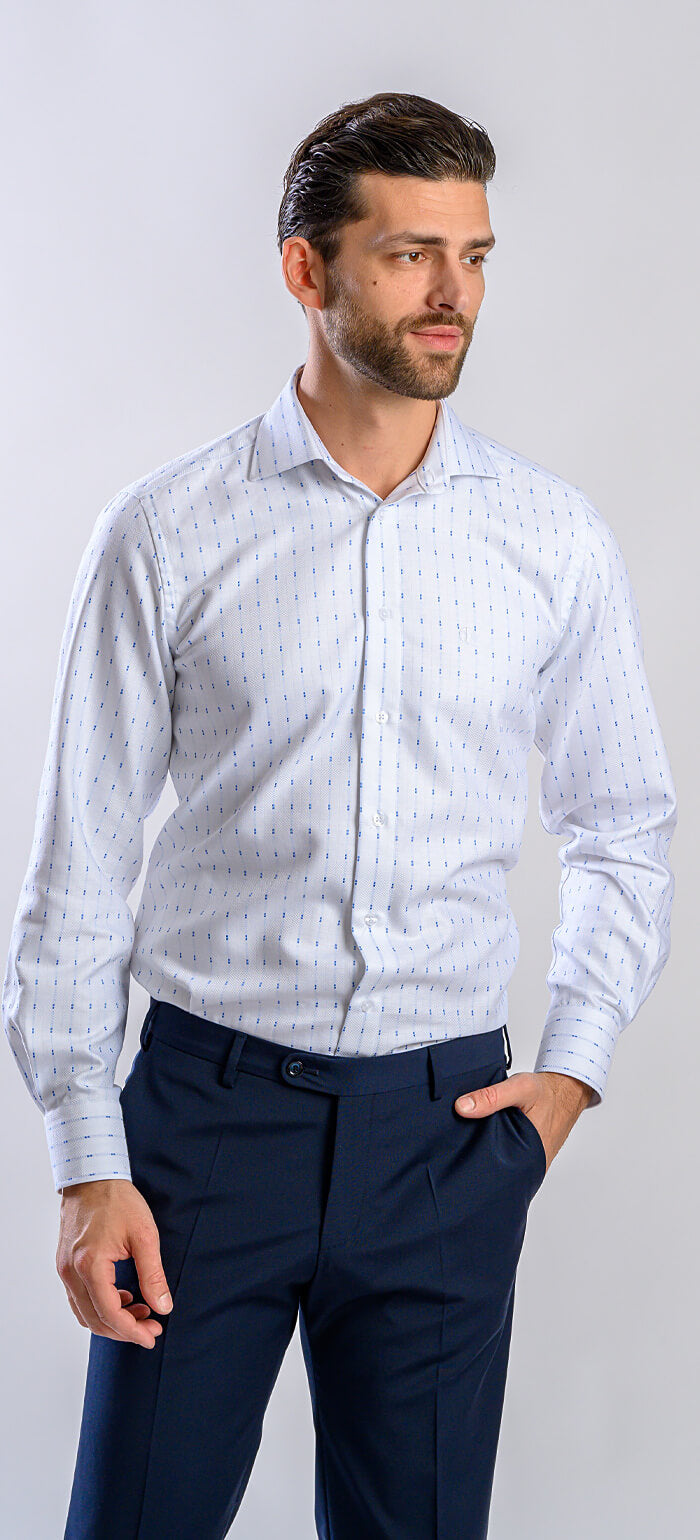 White Slim Fit Shirt with Blue Stripes