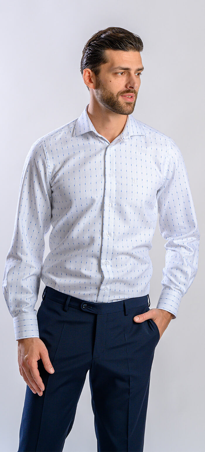 White Slim Fit Shirt with Blue Stripes