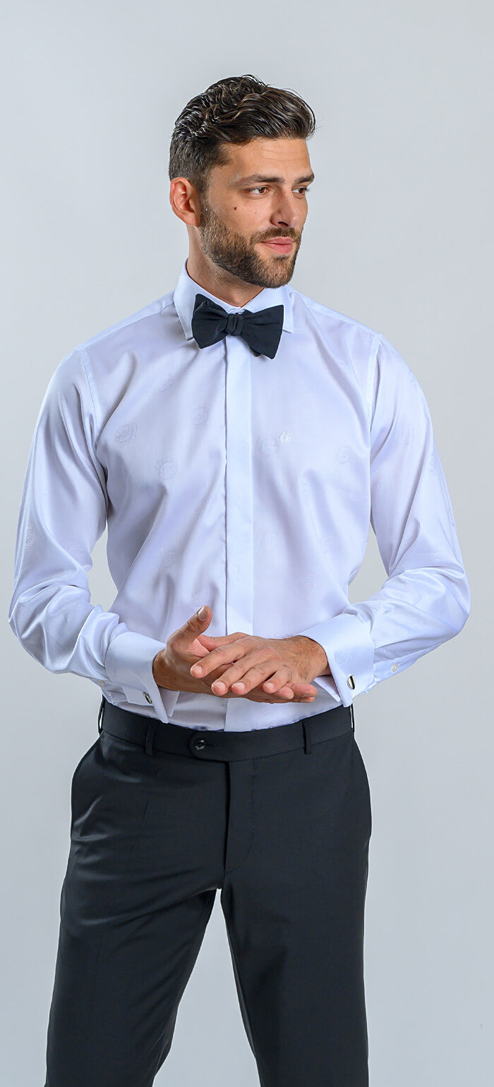 White Slim Fit Dress Shirt with Rose Pattern