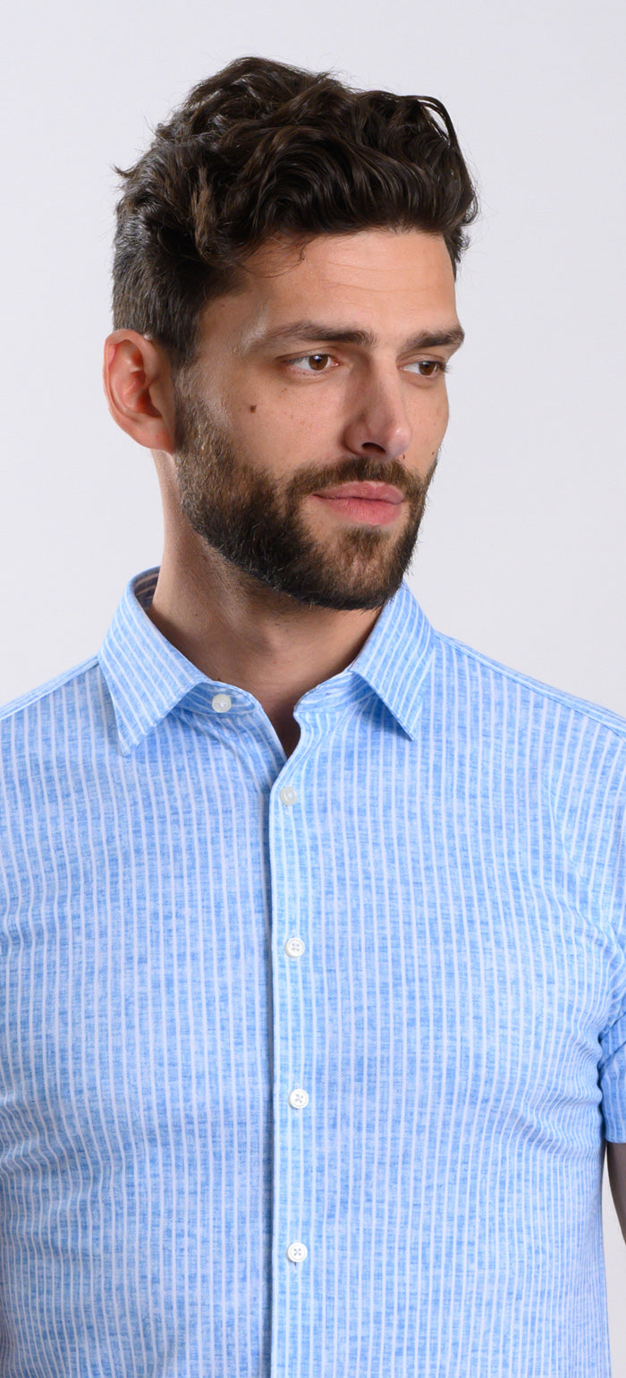 White and blue striped stretch Extra Slim Fit short-sleeved shirt