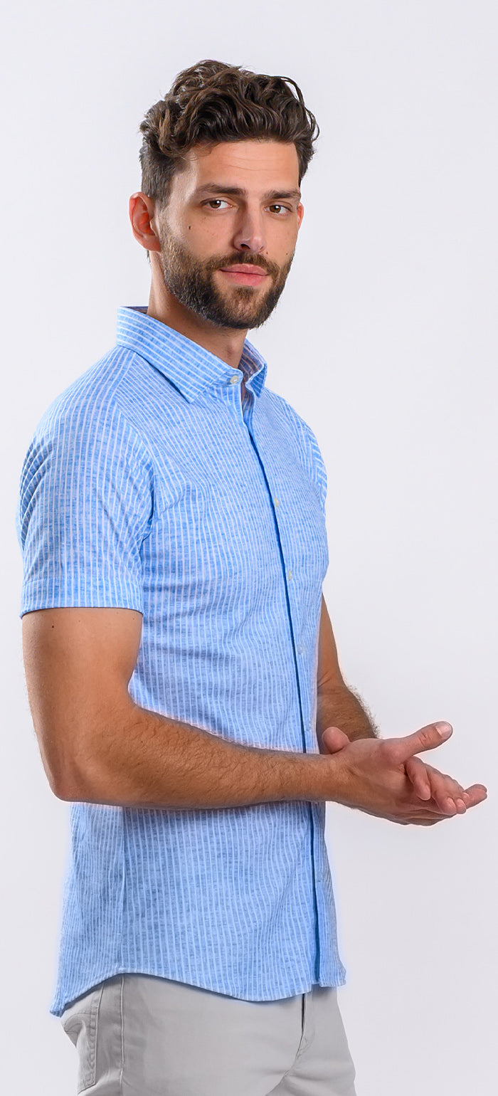 White and blue striped stretch Extra Slim Fit short-sleeved shirt