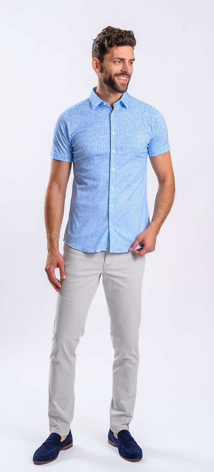 White and blue striped stretch Extra Slim Fit short-sleeved shirt