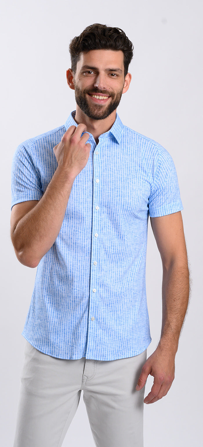 White and blue striped stretch Extra Slim Fit short-sleeved shirt