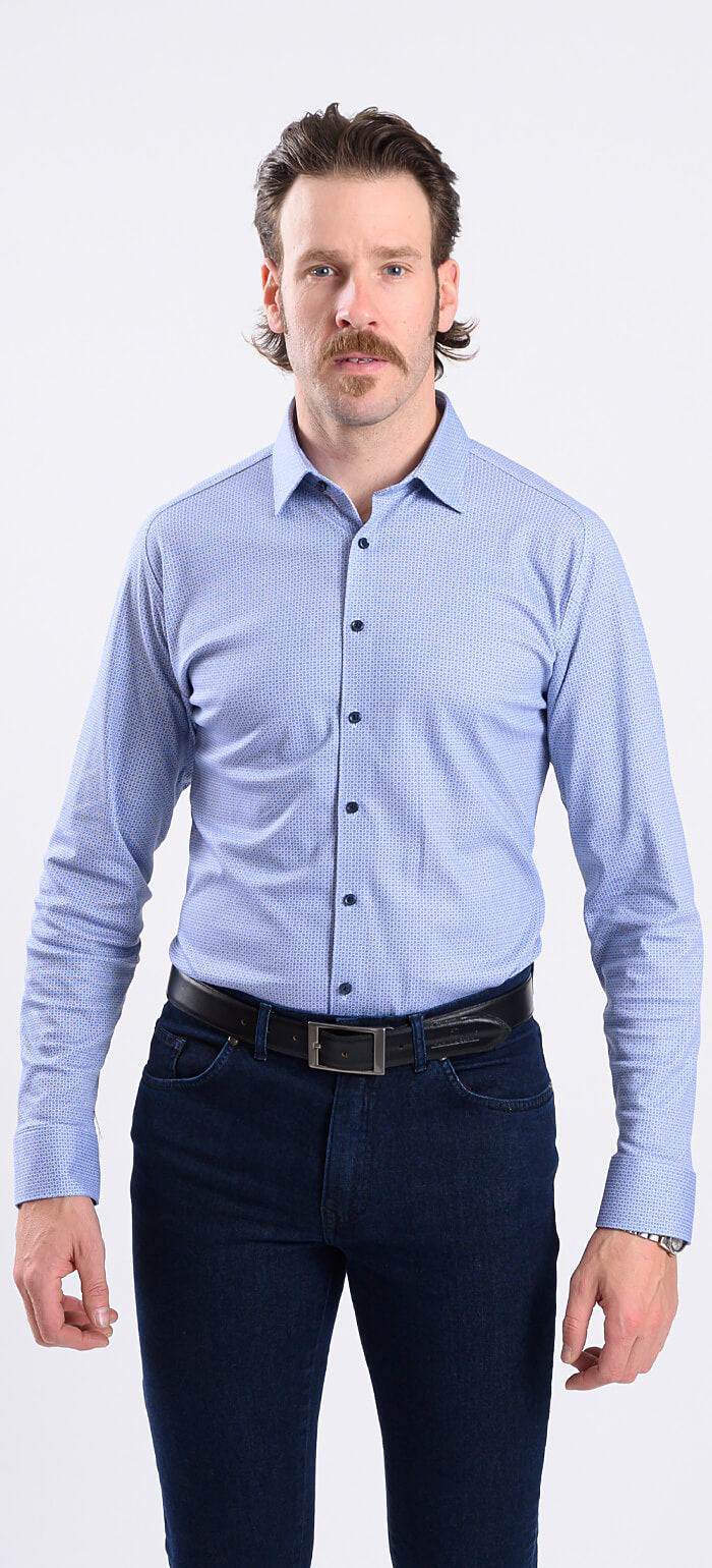 White and blue patterned stretch Extra Slim Fit shirt with anti-wrinkle treatment