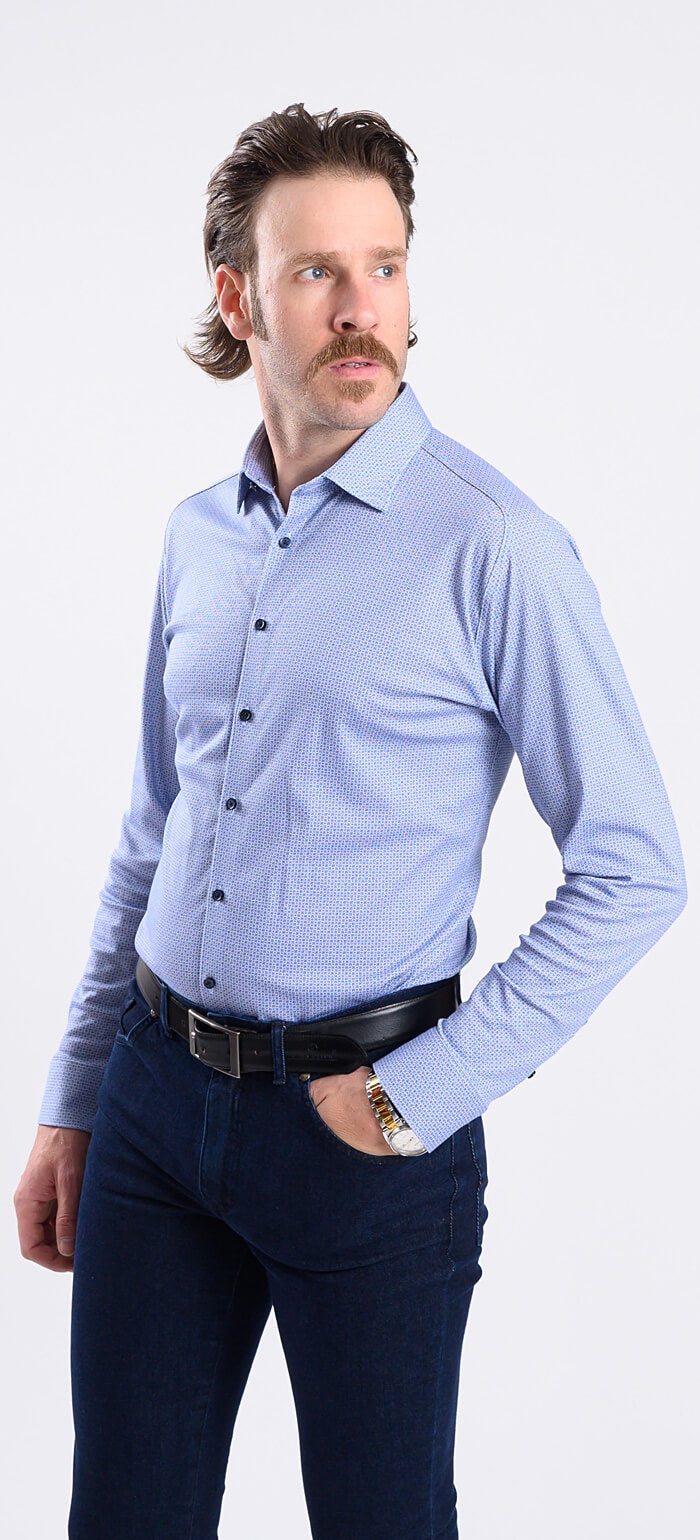 White and blue patterned stretch Extra Slim Fit shirt with anti-wrinkle treatment