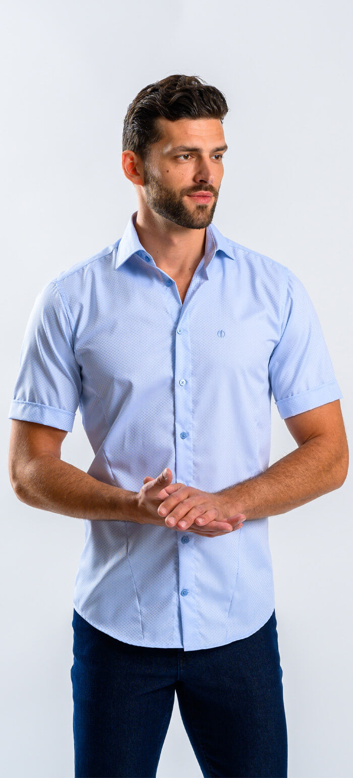 Light blue Extra Slim Fit shirt with short sleeves and a subtle pattern