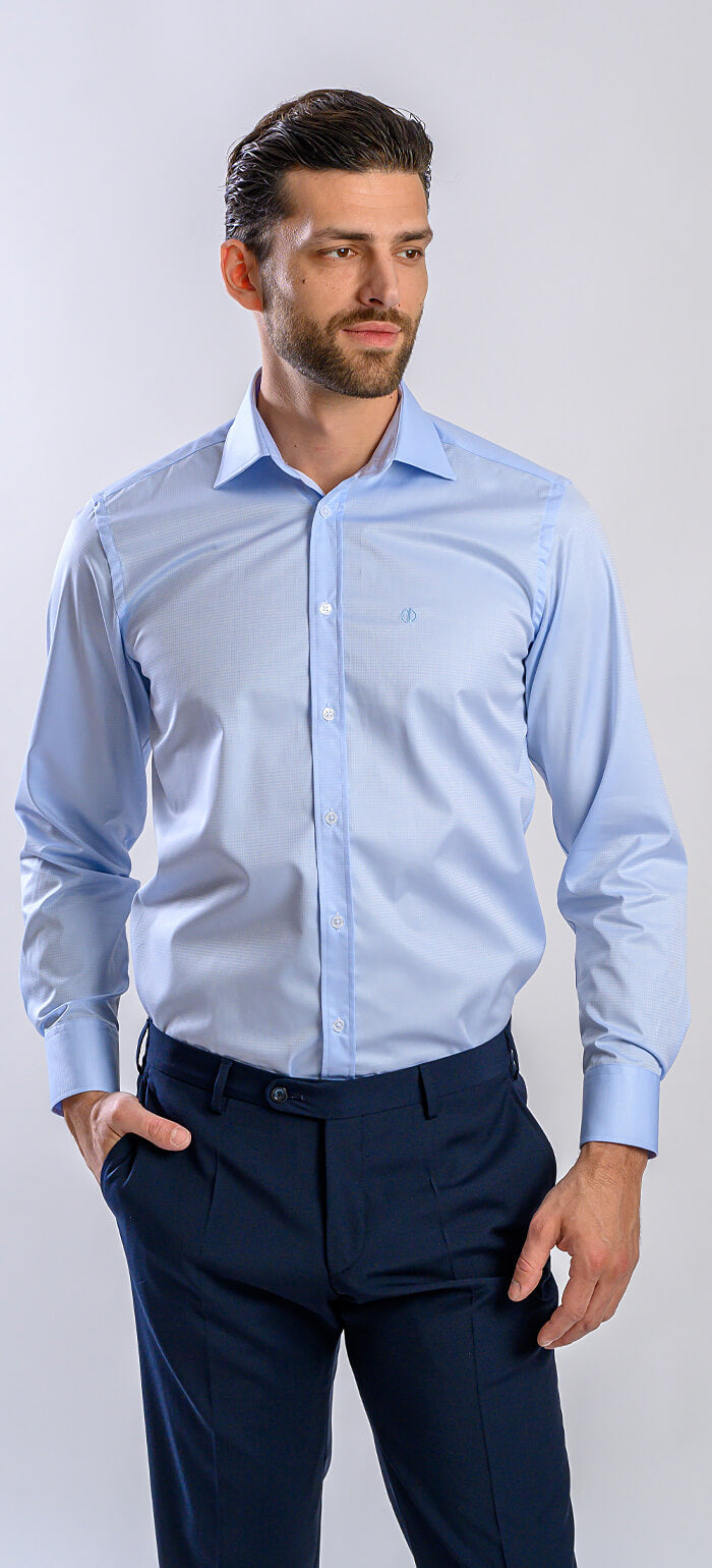 Pale blue slim fit shirt with a subtle wave pattern