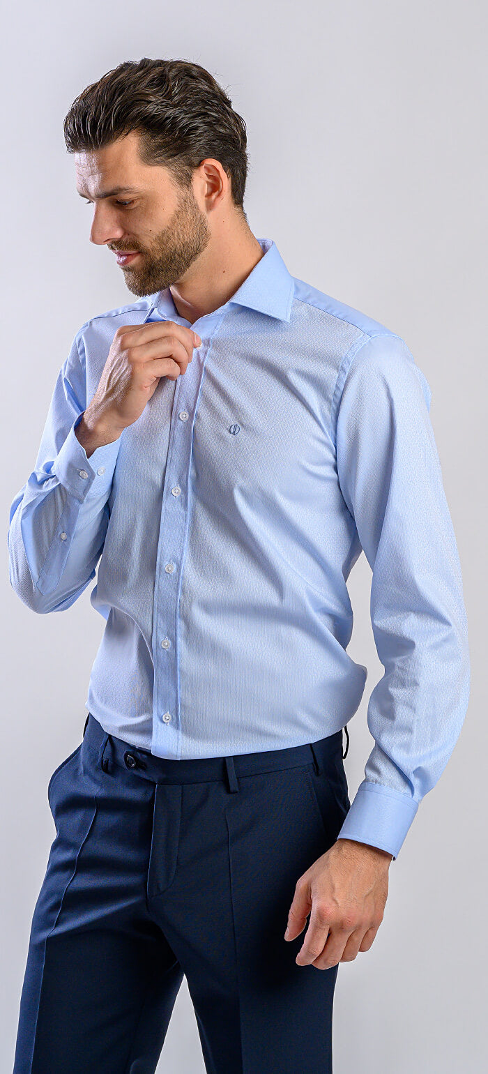 Pale blue slim fit shirt with a subtle wave pattern
