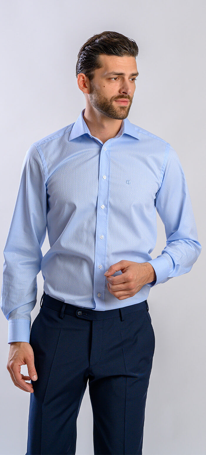 Pale blue slim fit shirt with a subtle wave pattern