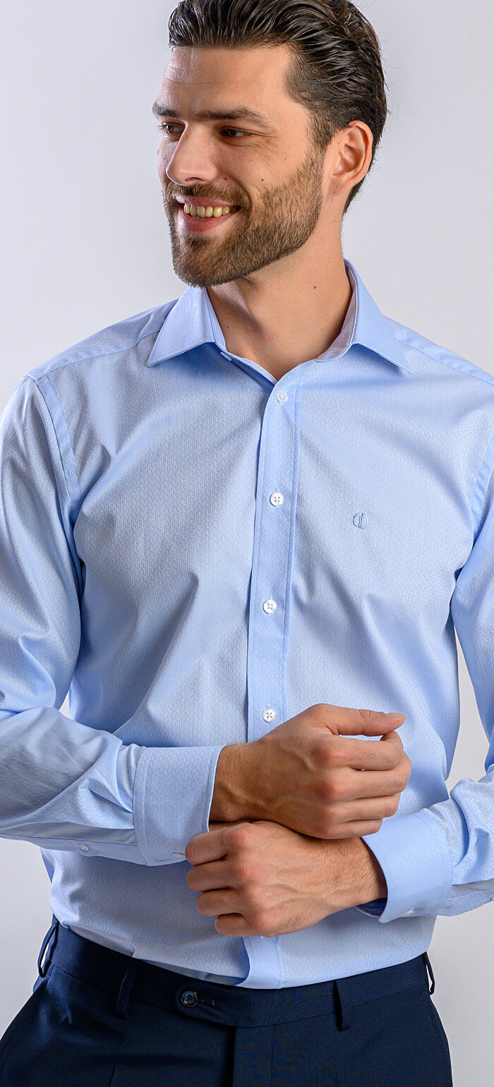 Pale blue slim fit shirt with a subtle wave pattern