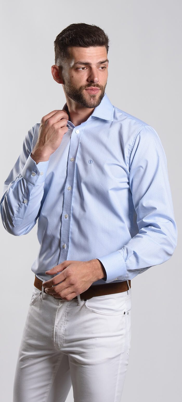 Pale blue slim fit shirt with subtle pattern