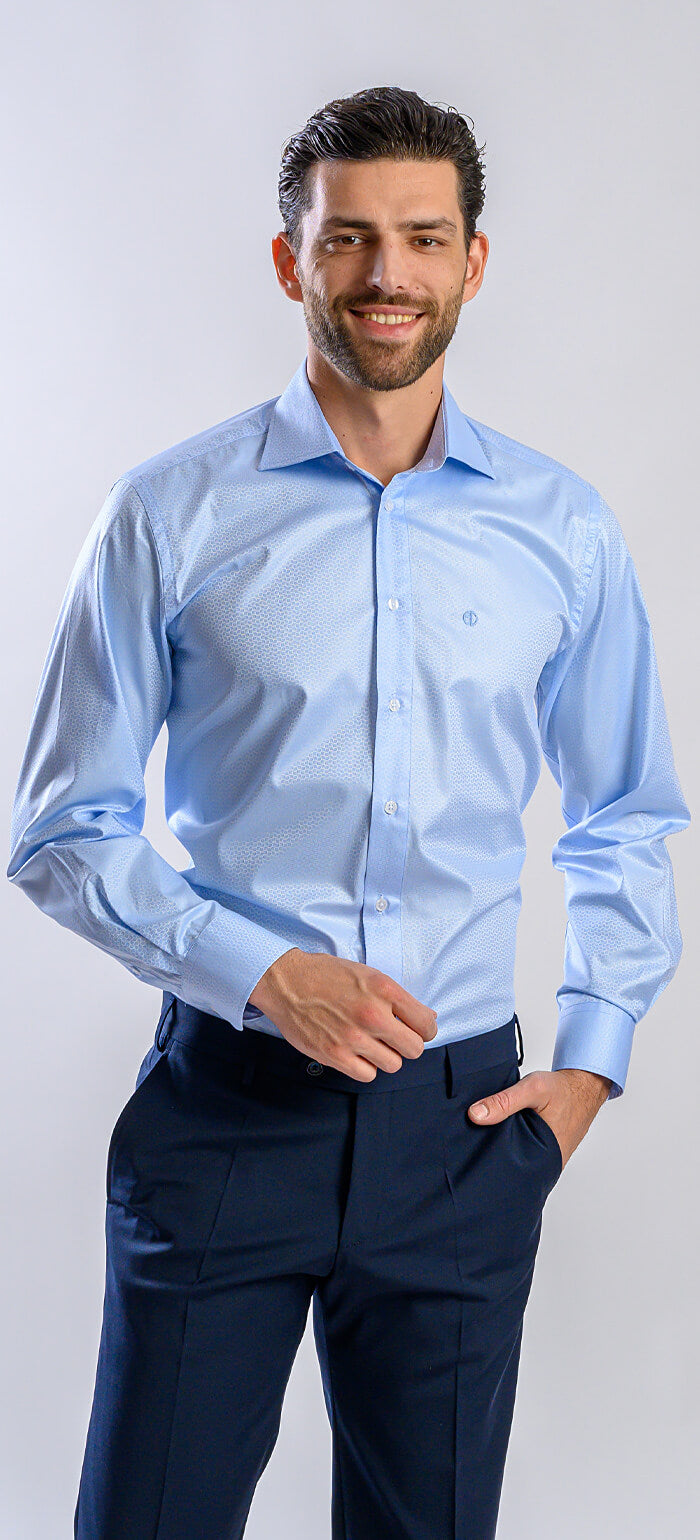 Pale blue slim fit shirt with subtle pattern