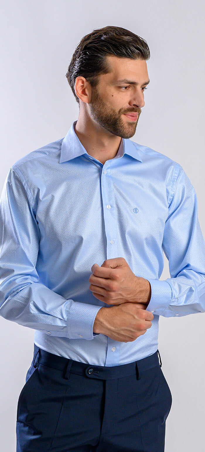 Pale blue slim fit shirt with subtle pattern