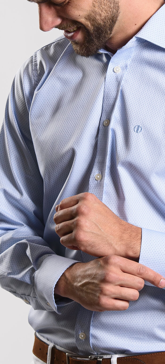 Pale blue slim fit shirt with subtle pattern