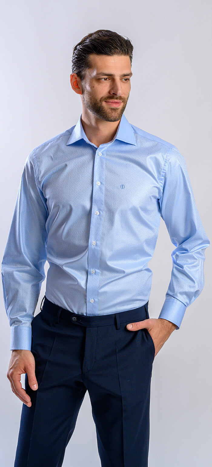 Pale blue slim fit shirt with subtle pattern
