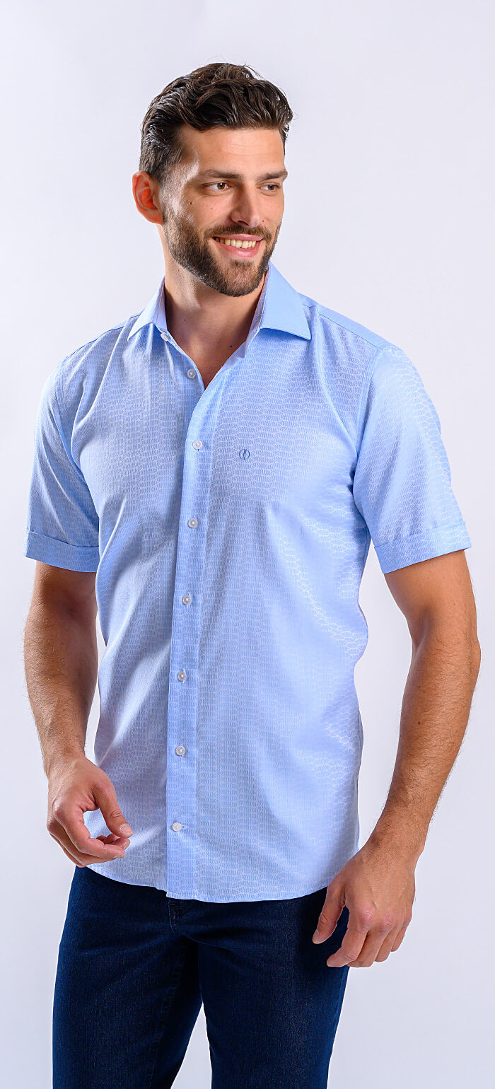 Pale blue Slim Fit shirt with short sleeves and a subtle pattern