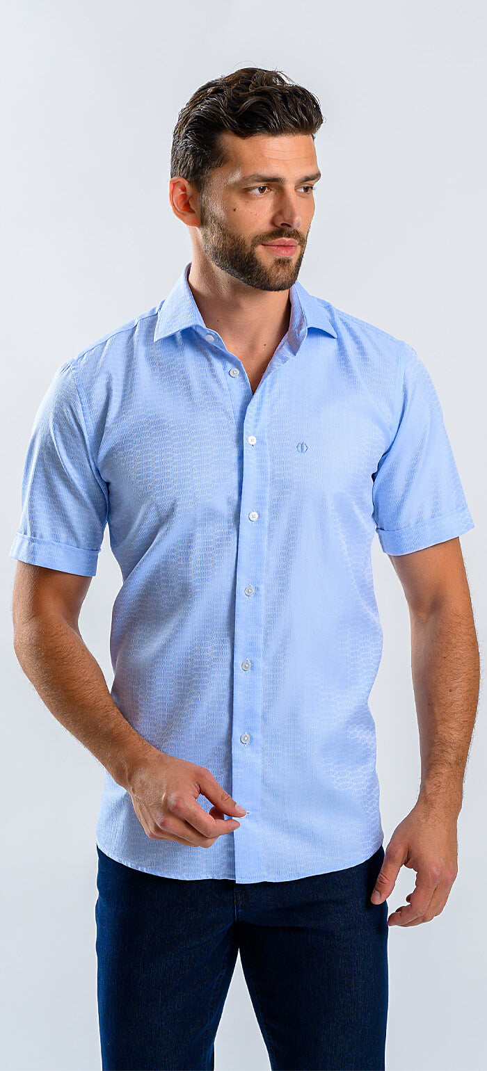 Pale blue Slim Fit shirt with short sleeves and a subtle pattern
