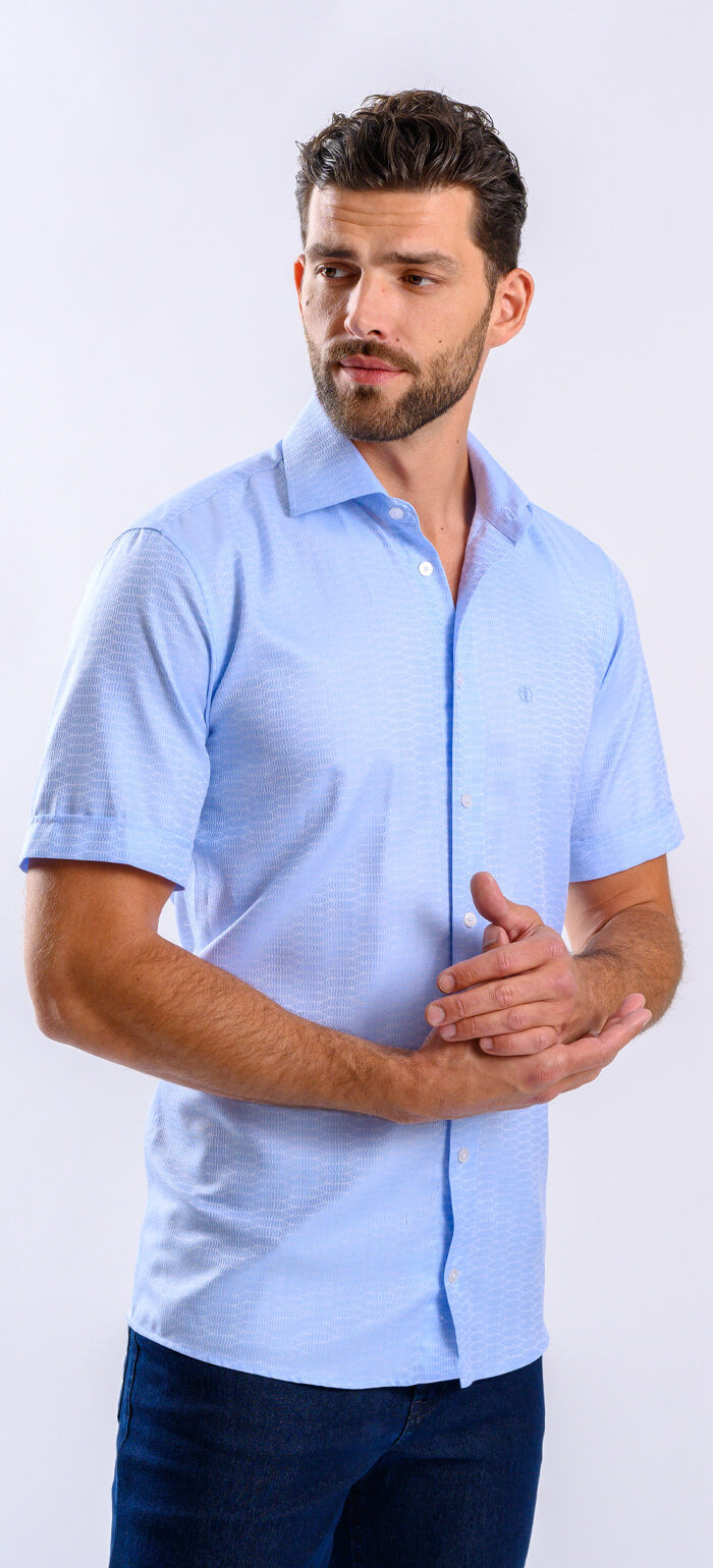 Pale blue Slim Fit shirt with short sleeves and a subtle pattern