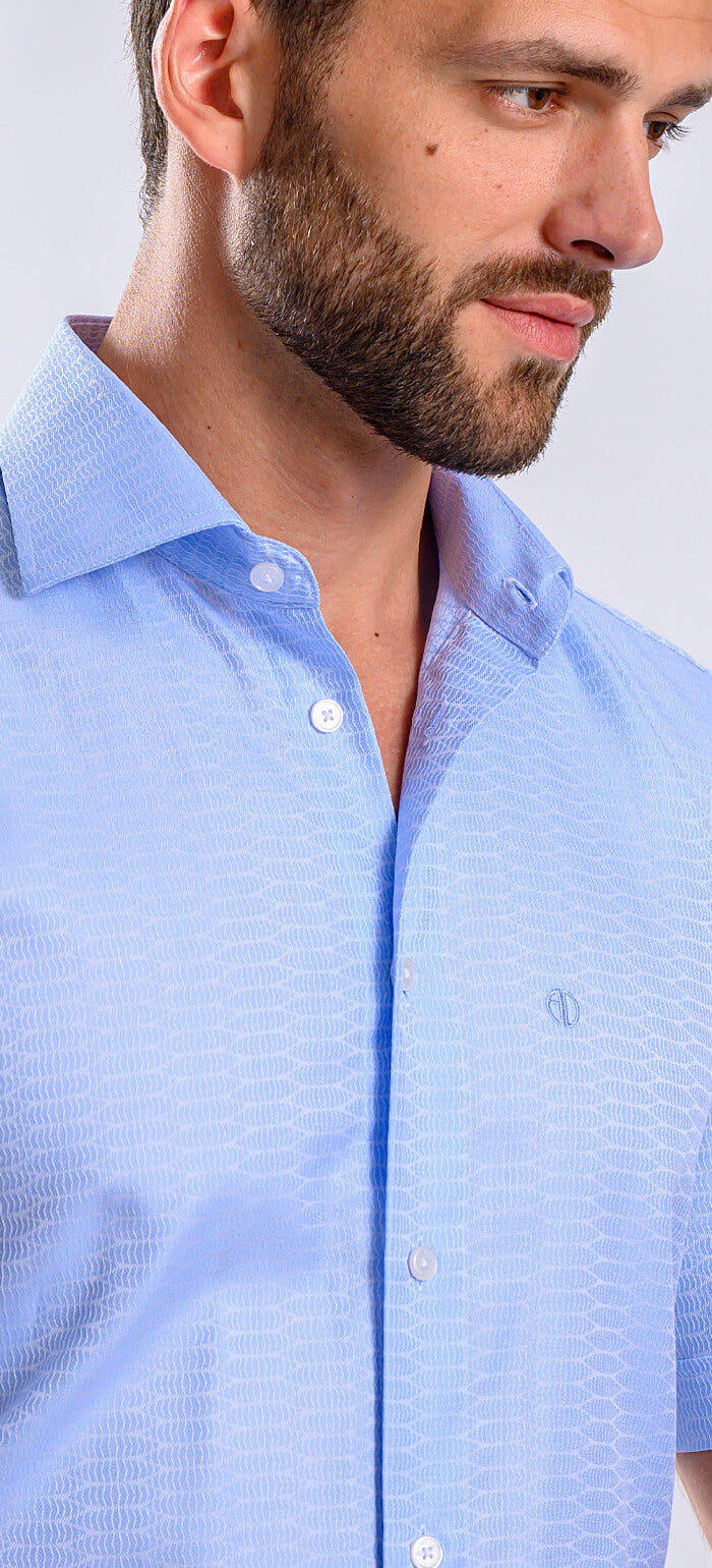 Pale blue Slim Fit shirt with short sleeves and a subtle pattern