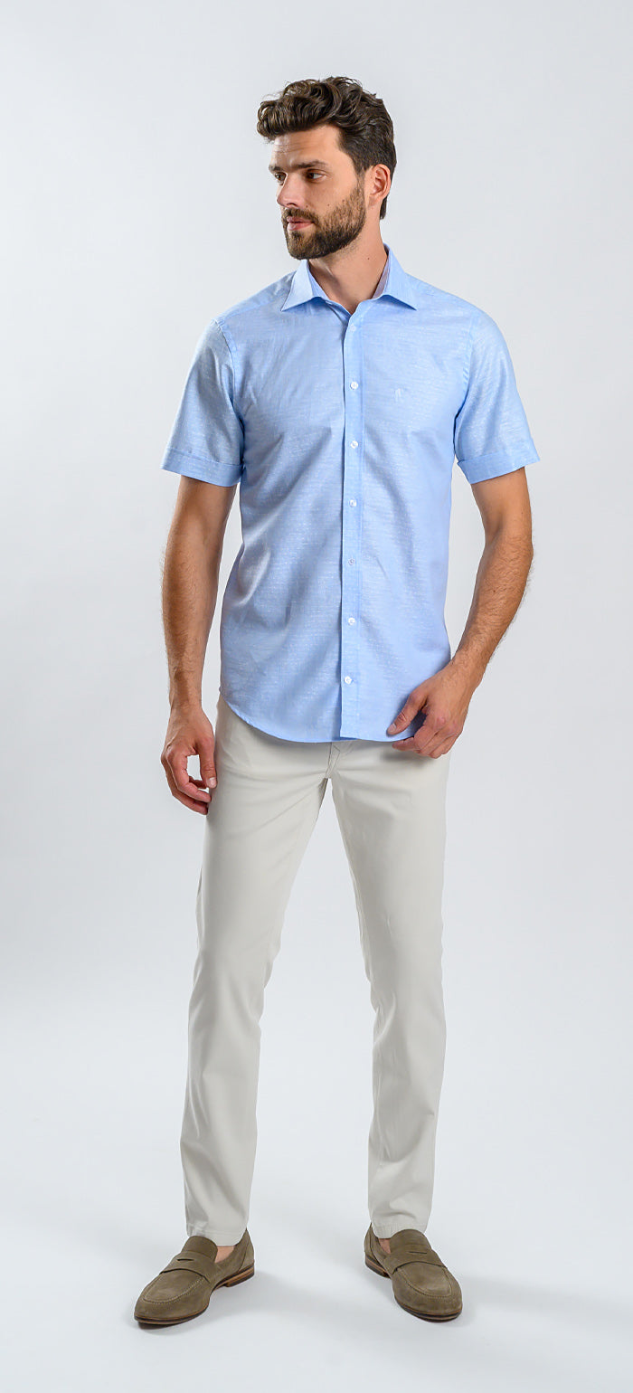 Pale blue patterned linen Extra Slim Fit short-sleeved shirt
