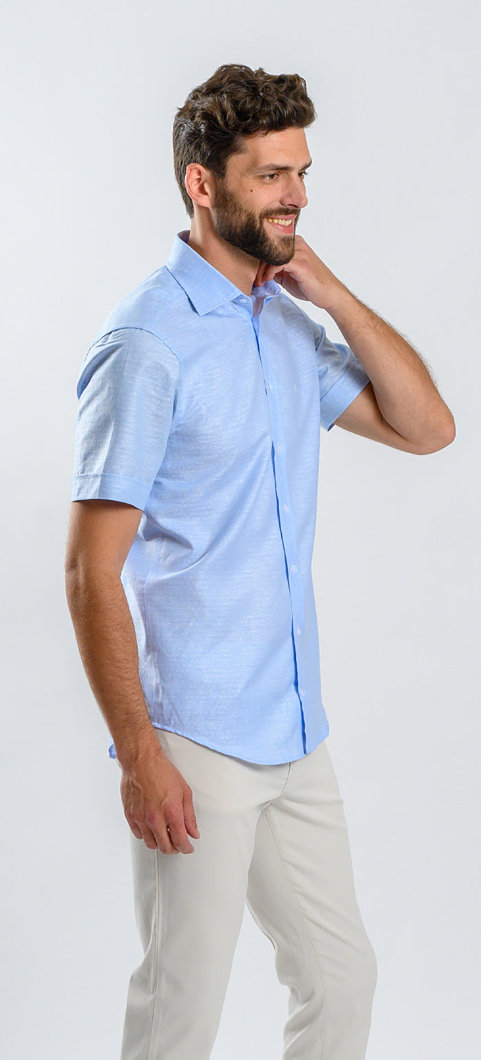 Pale blue patterned linen Extra Slim Fit short-sleeved shirt