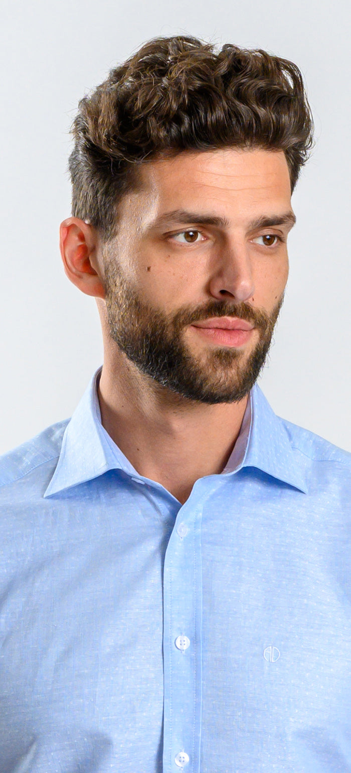 Pale blue patterned linen Extra Slim Fit short-sleeved shirt