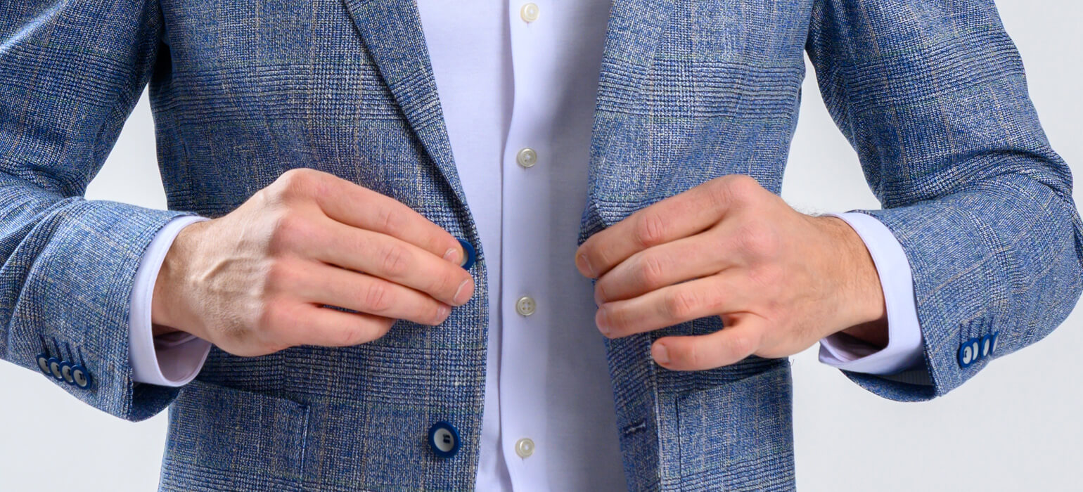 Pale blue blazer with soft brown check