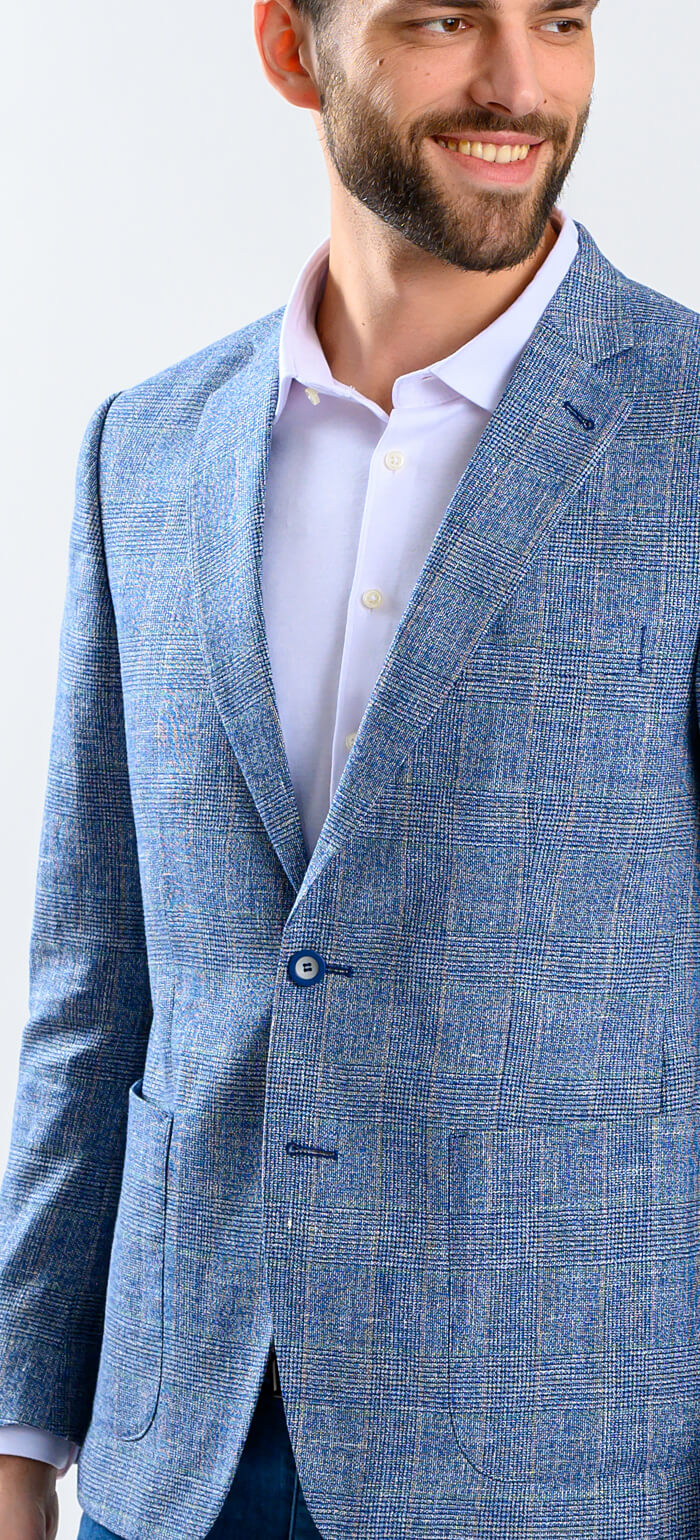 Pale blue blazer with soft brown check