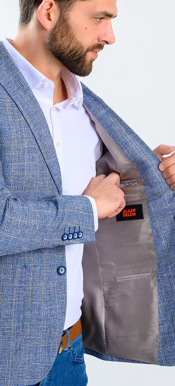 Pale blue blazer with soft brown check